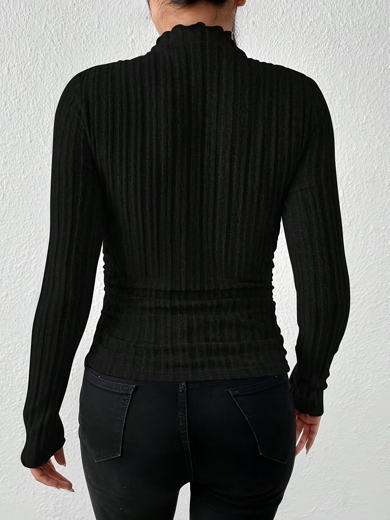 Long Sleeve Ribbed Knit T-Shirt, High Neck Elegant Casual Top For Fall & Spring, Women's Clothing