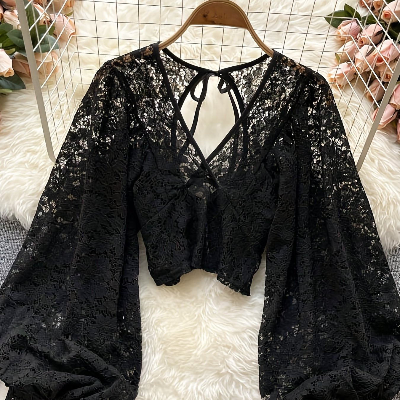 dunnmall  Semi-sheer Floral Lace Tie Top, Casual V Neck Back Zipper Long Lantern Sleeve Blouse, Women's Clothing