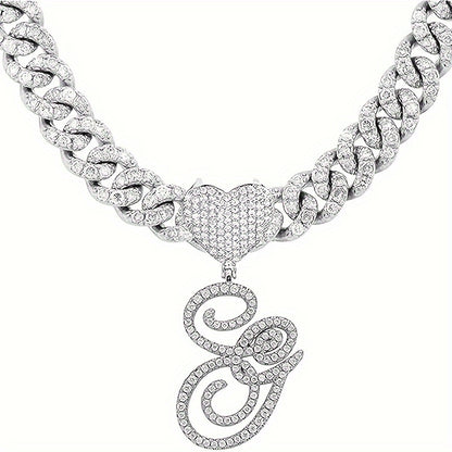 1 Piece Initial Necklace Men Women Silvery Cuban Chain Ice Rhinestone With Heart Shaped Letter Pendant Necklace Hip Hop Jewelry Gift