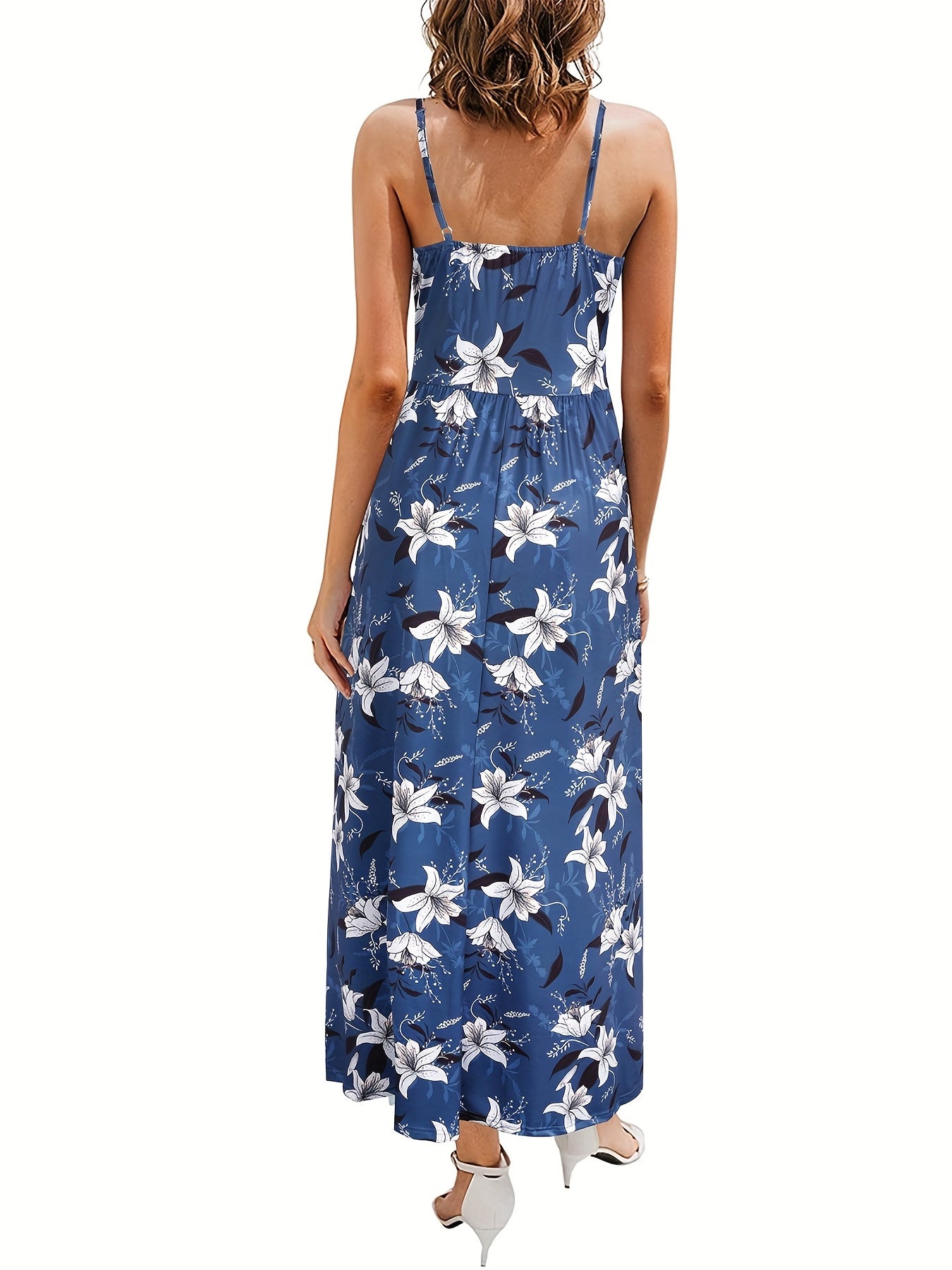 dunnmall  Floral Print Tie Front Spaghetti Dress, Casual V-neck Cami Dress, Women's Clothing