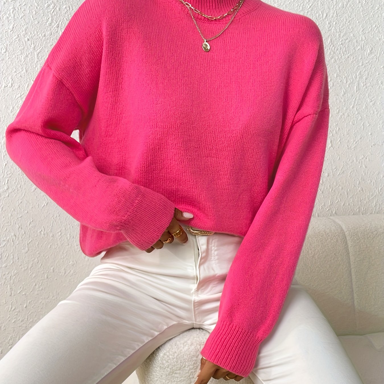 Solid Mock Neck Knit Sweater, Casual Drop Shoulder Long Sleeve Sweater, Women's Clothing