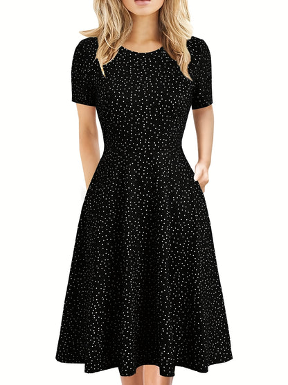 Elegant Retro A-line Dress, Short Sleeve Casual Dress For Spring & Summer, Women's Clothing