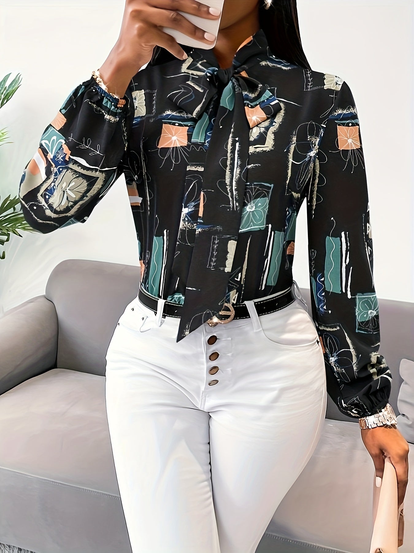 Abstract Print Tie Neck Blouse, Casual Long Sleeve Work Office Blouse, Women's Clothing