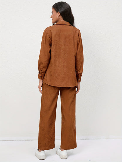 Casual Corduroy Two-piece Set, Open Front Long Sleeve Shirt & High Elastic Waist Pants Outfits, Women's Clothing