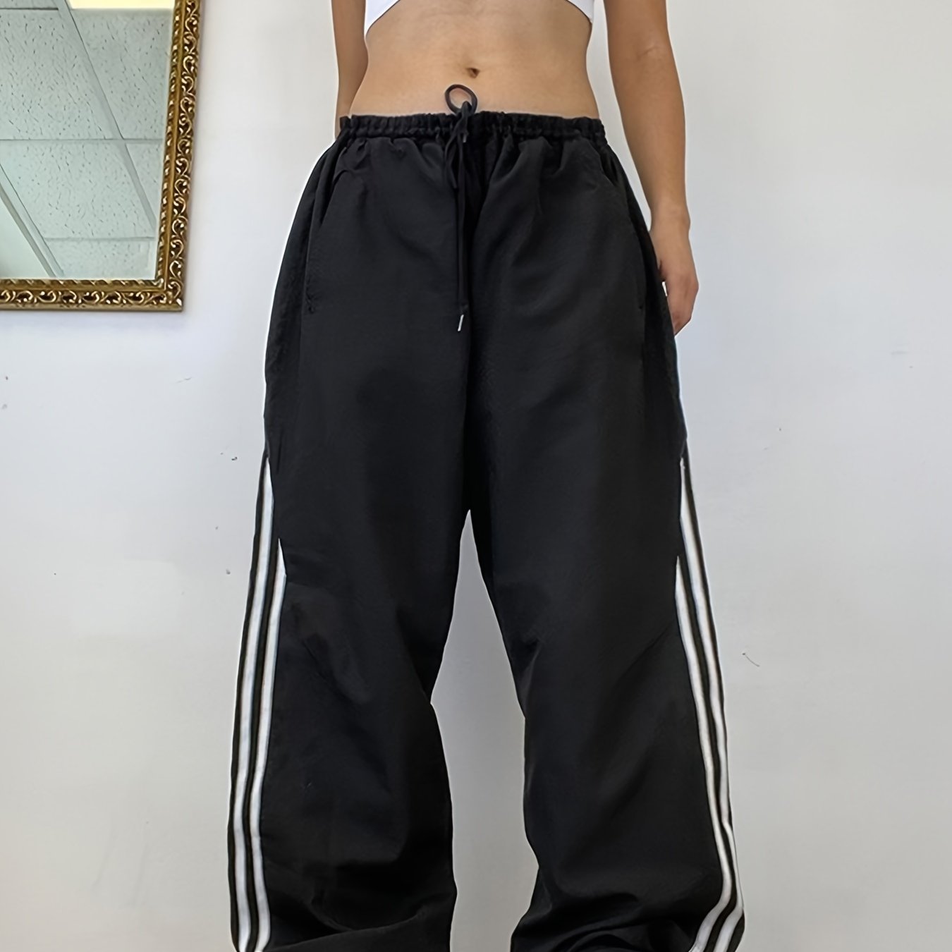 dunnmall  Low Waist Contrast Side Pants, Y2K Elastic Drawstring Wide Leg Pants, Women's Clothing