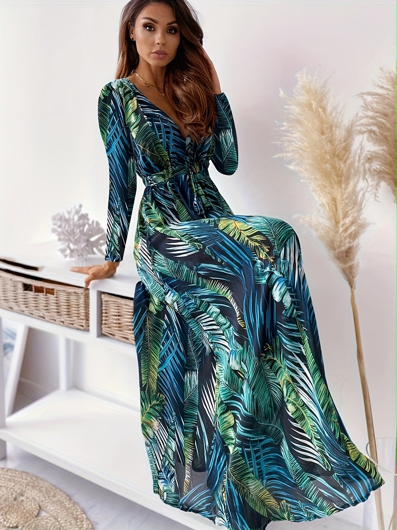 Leaf Print Long Sleeve Dress, Boho Plunge Neck Maxi Length Dress, Women's Clothing