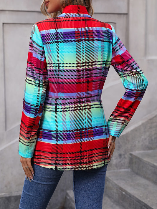 Plaid Print Open Front Jacket, Casual Long Sleeve Color Block Outerwear, Women's Clothing