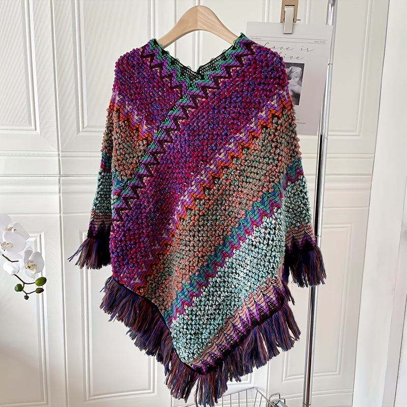 Boho Vintage Striped Tassel Shawl Women's Irregular Warm Pullover Poncho Outdoor Travel Windproof Loose Colorful Large Cape Cloak