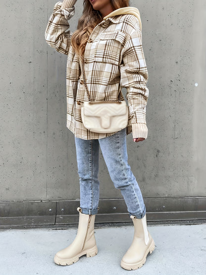 dunnmall  Plaid Button Lapel Loose Coat, Casual Long Sleeve Fashion Fall Winter Outerwear, Women's Clothing