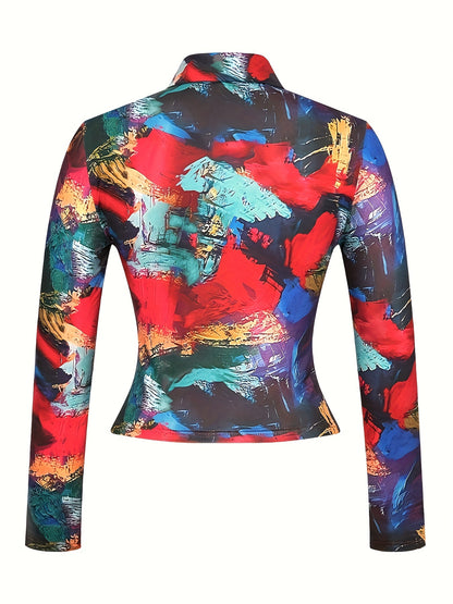 dunnmall All Over Print Collared T-Shirt, Casual Long Sleeve Top For Spring & Fall, Women's Clothing