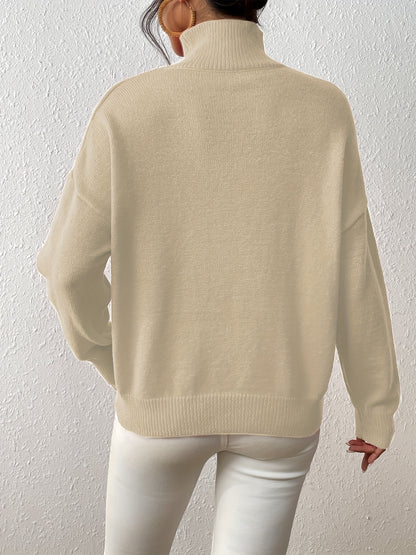 Solid Mock Neck Knit Sweater, Casual Drop Shoulder Long Sleeve Sweater, Women's Clothing