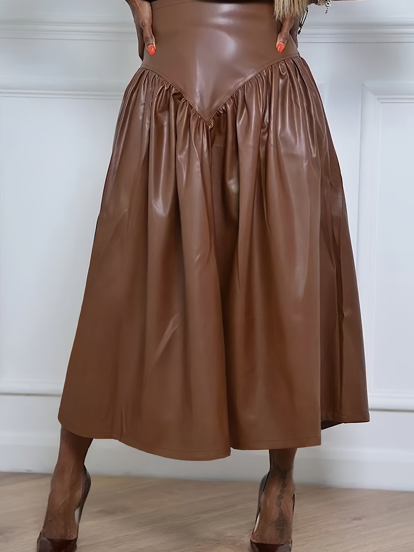 dunnmall Plus Size PU Leather Skirt, Casual Skirt For Spring & Summer, Women's Plus Size Clothing