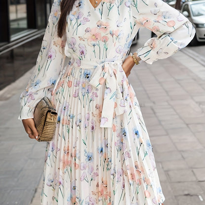 Floral Print Pleated Dress, Elegant V Neck Long Sleeve Dress, Women's Clothing