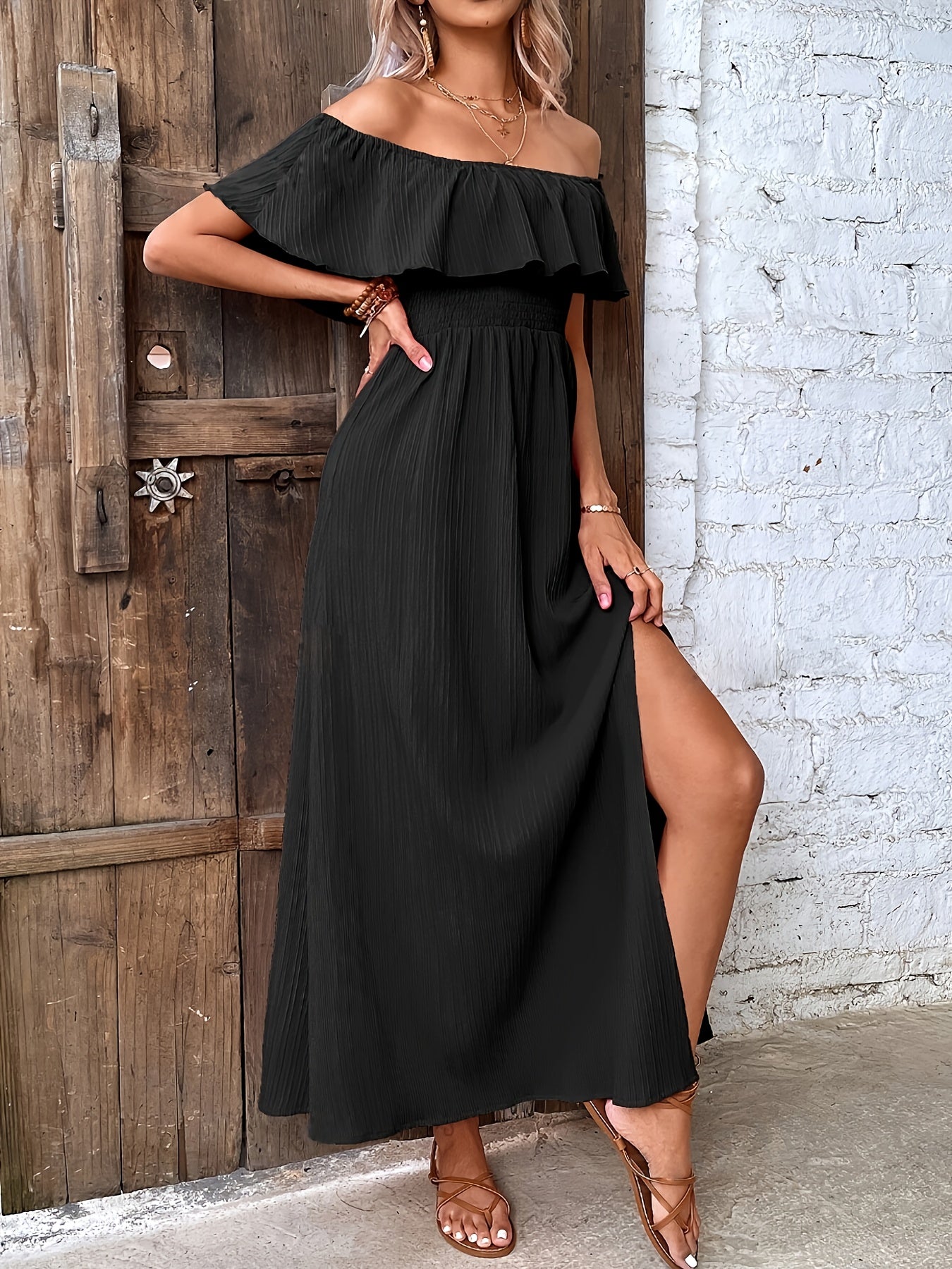 Textured Foldover Off Shoulder Vacation Dress, Elegant Split Thigh Flowy Maxi Dress For Spring & Summer, Women's Clothing