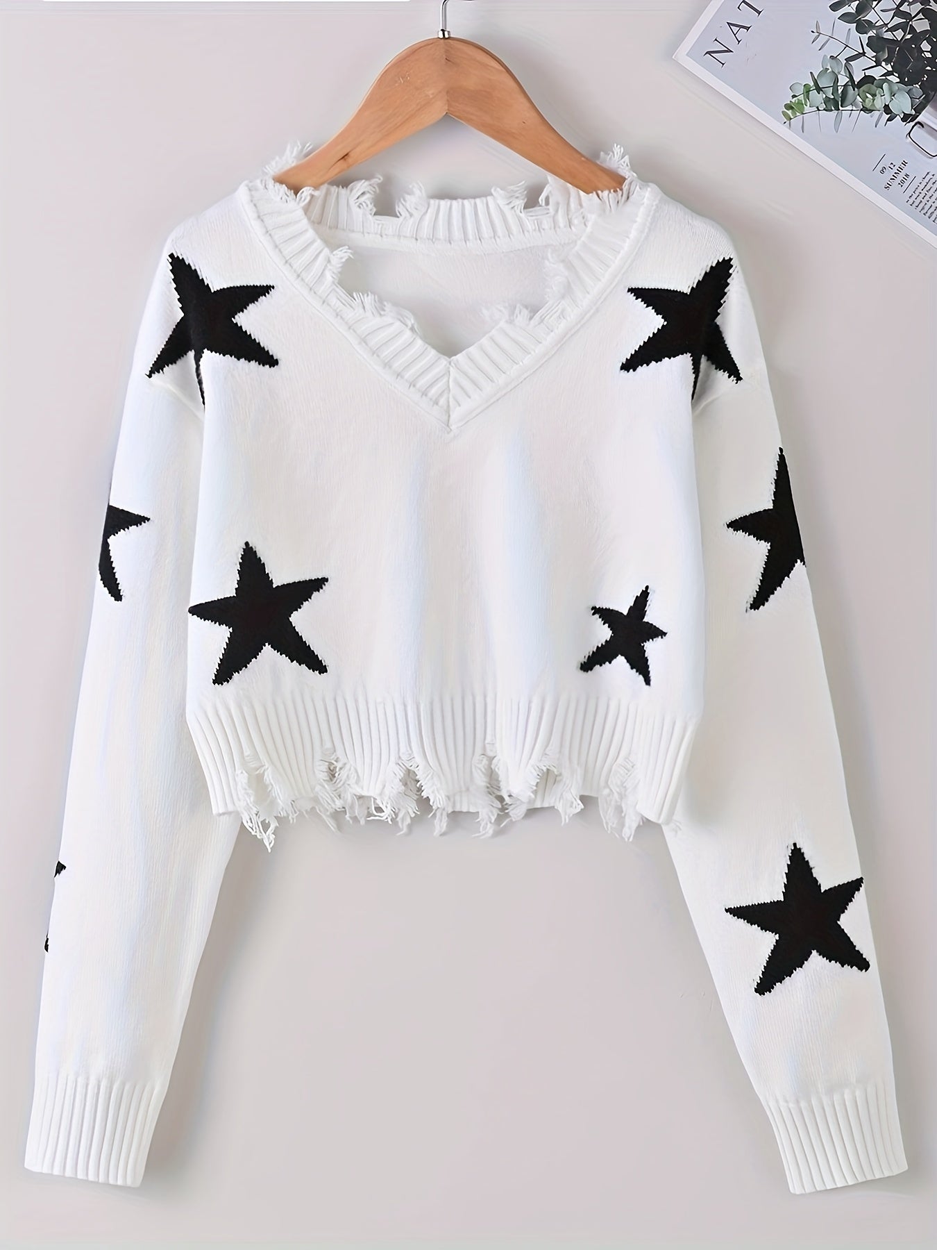 dunnmall  Girls Knitwear Stars Jacquard Casual Long Sleeve Knit Sweater