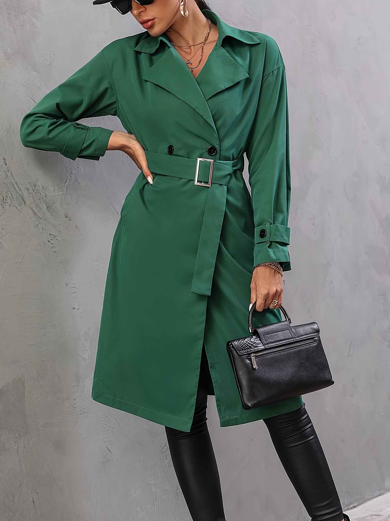 Double Breasted Solid Trench Coat, Elegant Solid Long Sleeve Outerwear, Women's Clothing