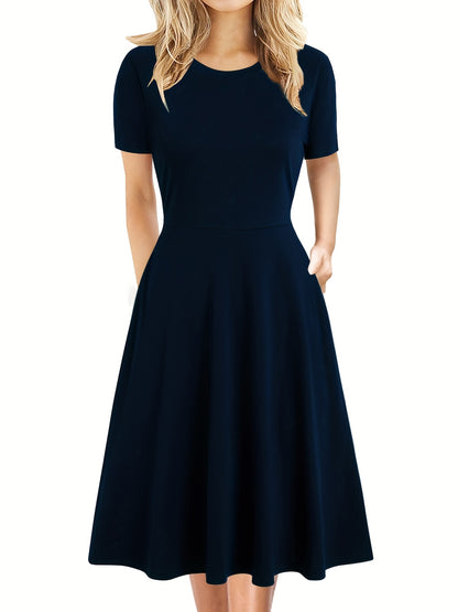 Elegant Retro A-line Dress, Short Sleeve Casual Dress For Spring & Summer, Women's Clothing