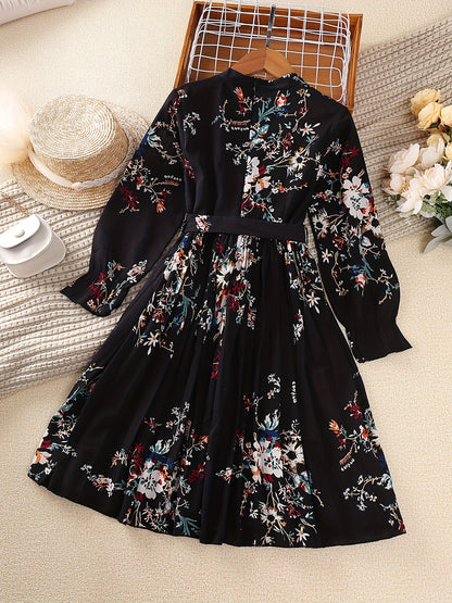 dunnmall  Girl's Floral Allover Flounce Long Sleeve Pleated Hem Mock Neck Belted Dress For Summer