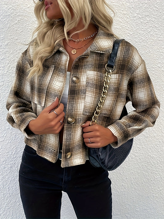 Plaid Print Button Front Jacket, Casual Long Sleeve Versatile Outerwear, Women's Clothing