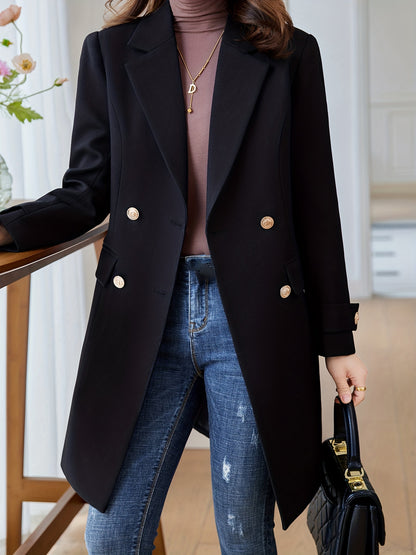 Solid Double Breasted Lapel Overcoat, Elegant Long Sleeve Mid Length Coat  For Fall & Winter, Women's Clothing