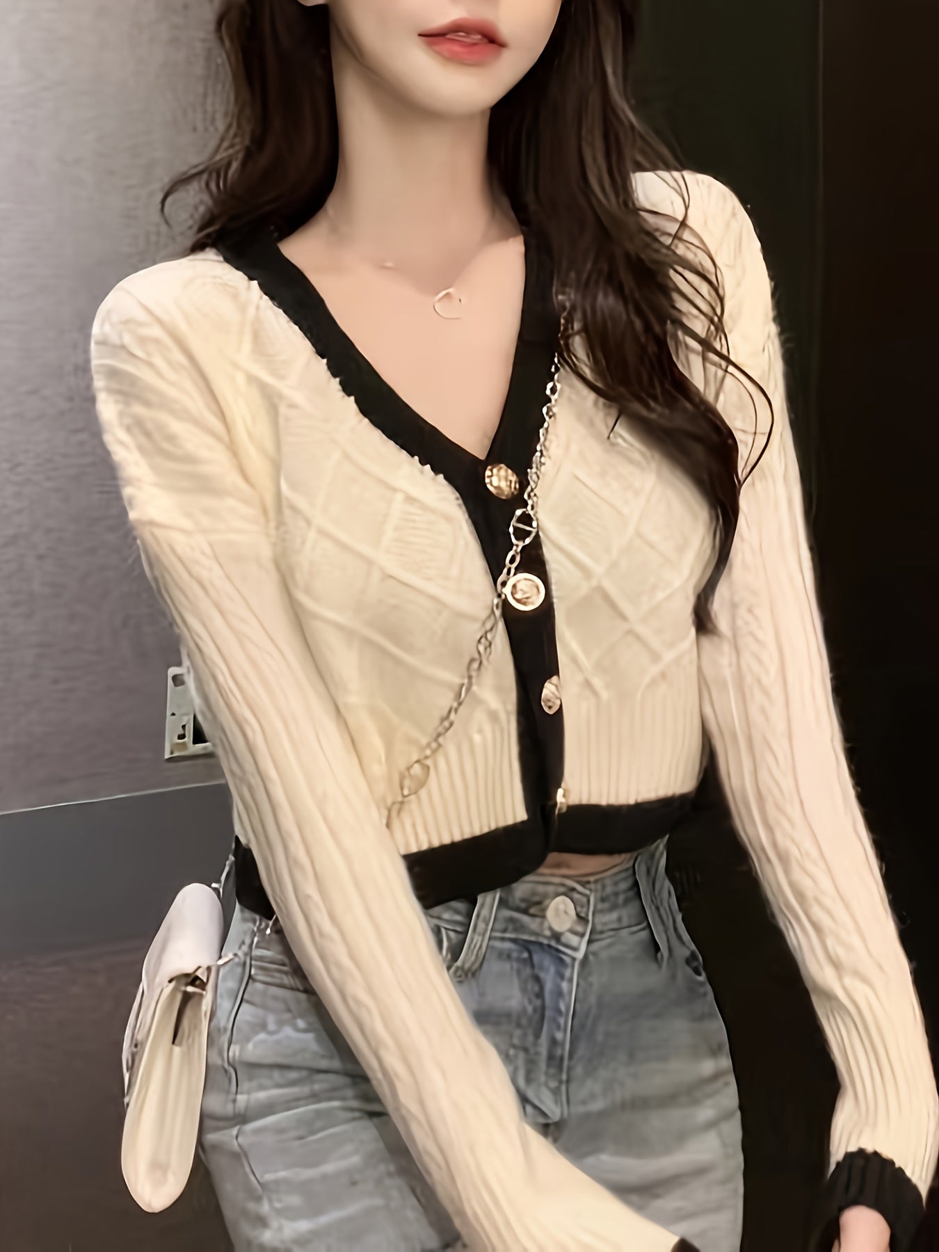 Women's Elegant V-Neck Cardigan with Stylish Contrast Trim – Cozy, Micro-Elastic Knit for Fall/Winter Chic