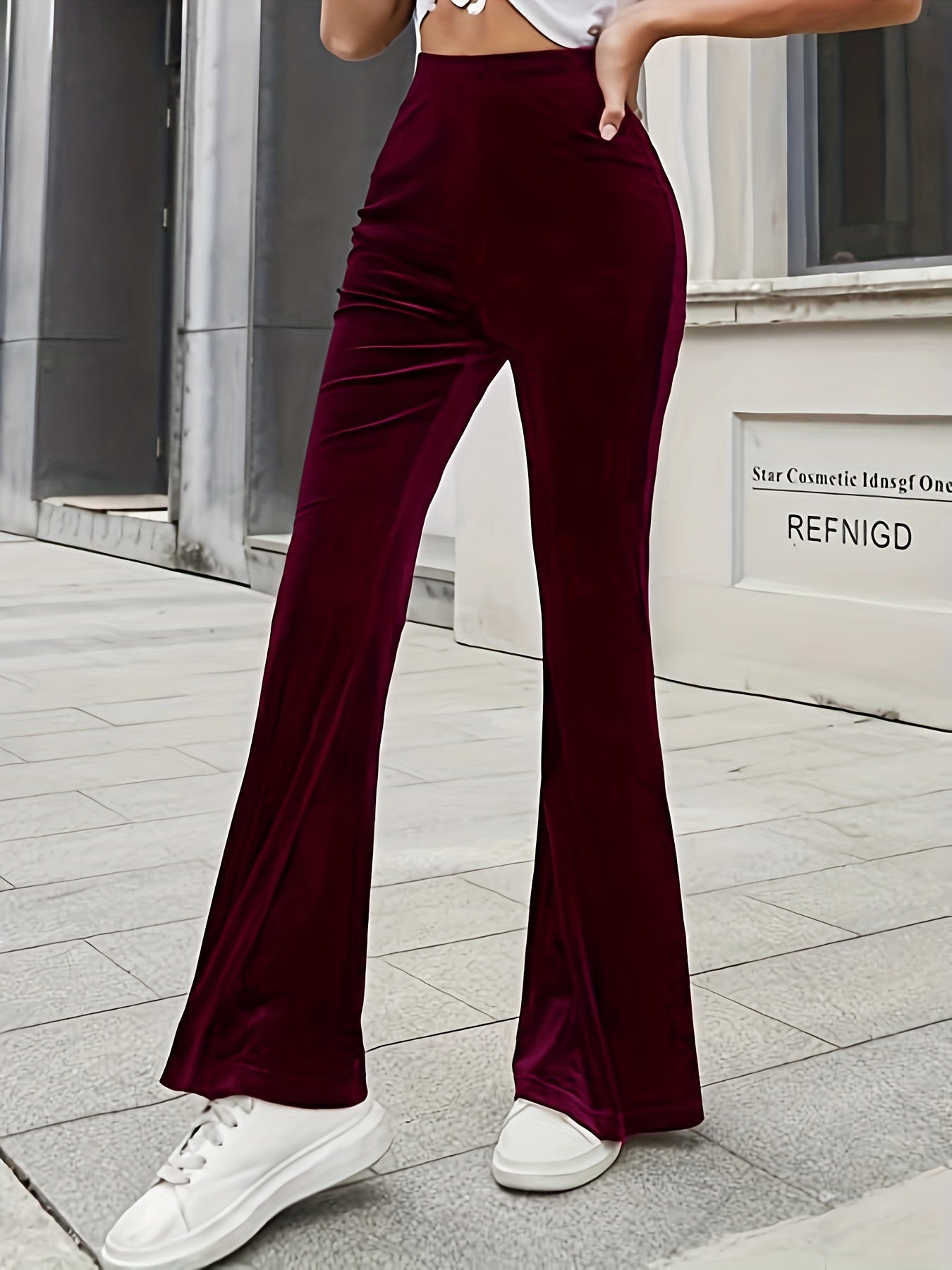 Solid Velvet Flare Leg Pants, Elegant High Waist Slim Pants, Women's Clothing