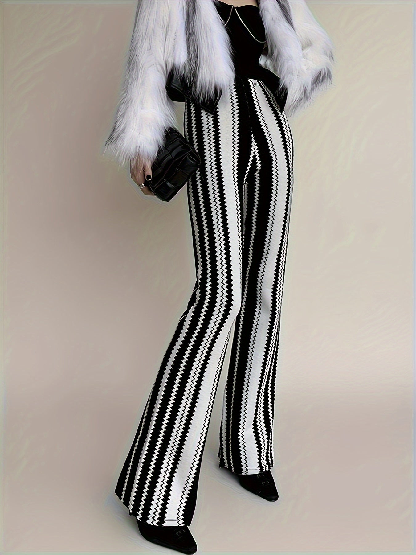 Striped Print Flared Leg Pants, Elegant High Waist Slim Pants, Women's Clothing