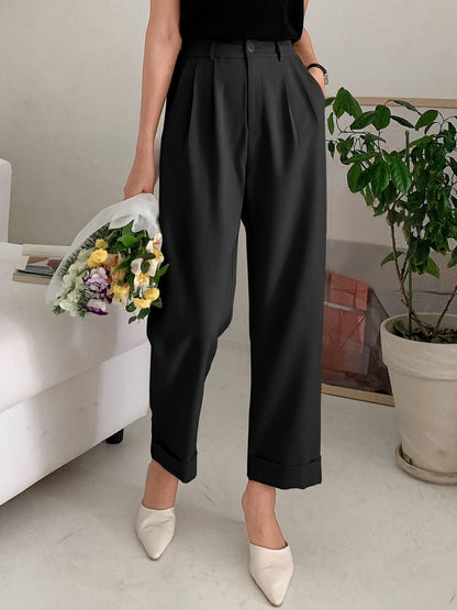 dunnmall  Solid Button Straight Leg Pants, Casual High Waist Draped Pleated Pants, Women's Clothing