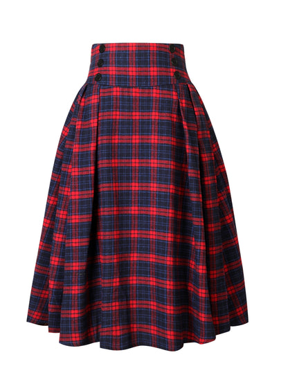 High Waist Button Plaid Ruffled Hem Skirt, Vintage Loose Stylish Midi Skirt, Women's Clothing