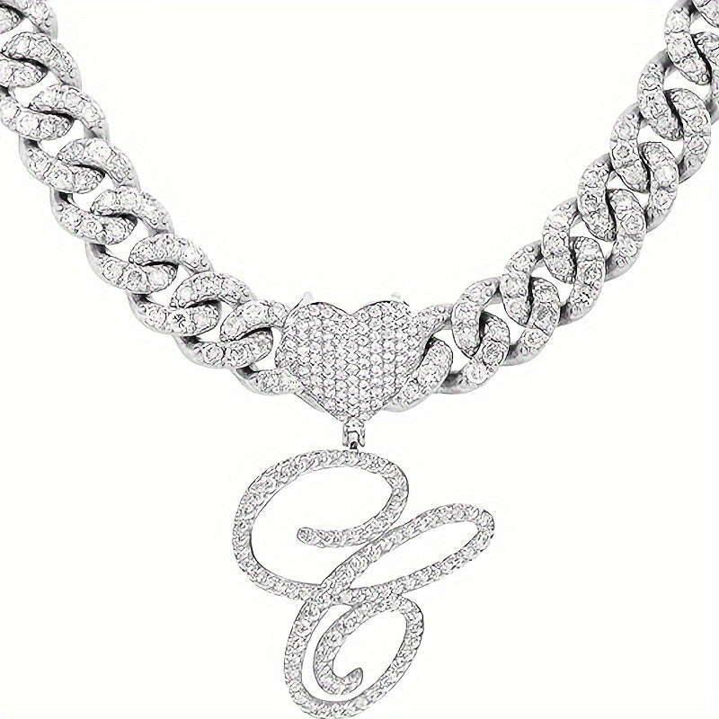 1 Piece Initial Necklace Men Women Silvery Cuban Chain Ice Rhinestone With Heart Shaped Letter Pendant Necklace Hip Hop Jewelry Gift