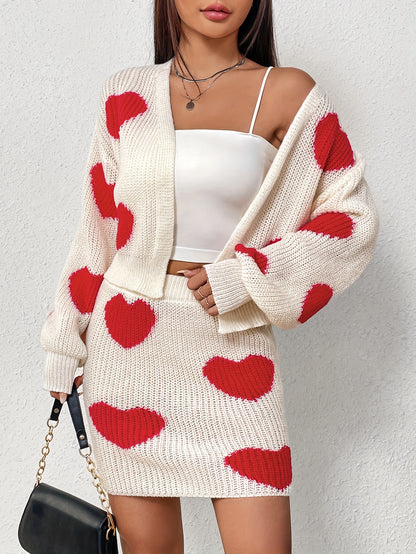 Heart Pattern Sweater Two-piece Set, Open Front Long Sleeve Cardigan & Knitted Bag Hip Skirts Outfits, Women's Clothing