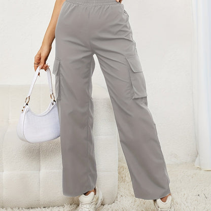 dunnmall  Solid Color Flap Pockets Straight Legs Trouser, High Waist Casual Wide Legs Cargo Pants, Women's Sweatpants