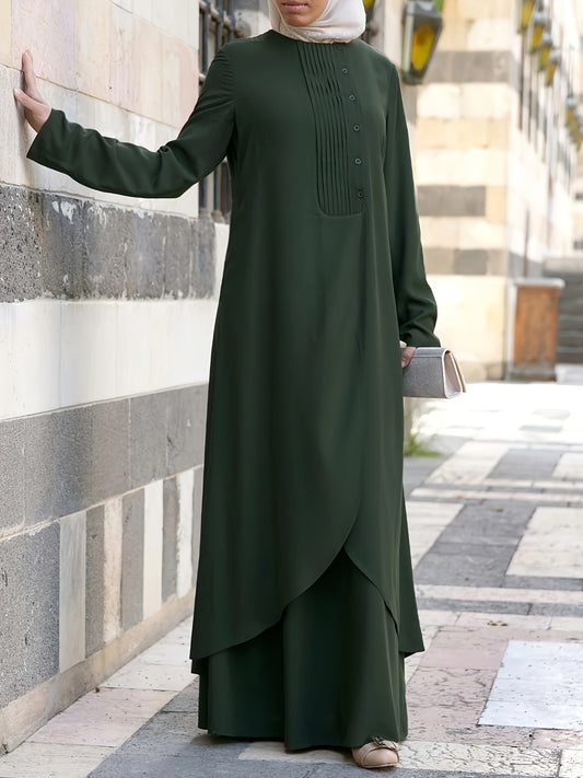 Tucked Solid Maxi Abaya, Elegant Long Sleeve Loose Abaya, Women's Clothing