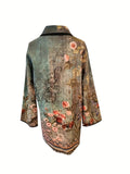 dunnmall  Floral Pattern Hooded Coat, Vintage Open Front Long Sleeve Outerwear, Women's Clothing