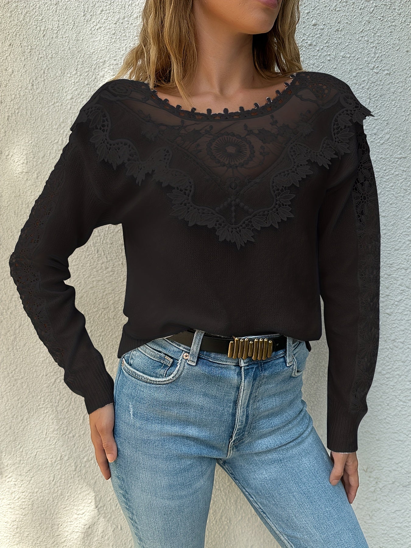 Solid Lace Stitching Knit Top, Elegant Crew Neck Sweater For Spring & Fall, Women's Clothing