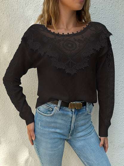 Solid Lace Stitching Knit Top, Elegant Crew Neck Sweater For Spring & Fall, Women's Clothing