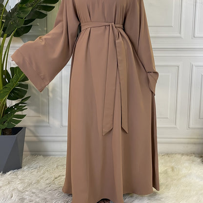 Solid Long Sleeve Tie Waist Crew Neck Dress, Elegant Ruffled Hem Maxi Dress, Women's Clothing