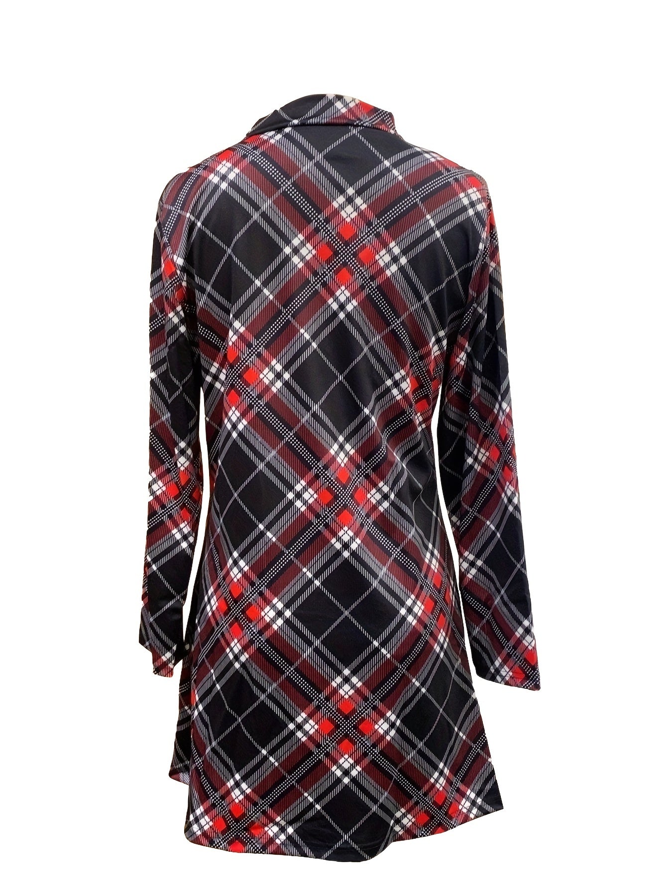 Plaid Print Mock Neck Dress, Elegant Long Sleeve Above Knee Dress, Women's Clothing