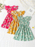 3pcs Charming Floral Midi Dresses for Girls - Crew Neck, Ruffle Sleeve, A-line, Non-Stretch Woven Fabric, Regular Fit, Perfect for Summer Vacation and Casual Wear