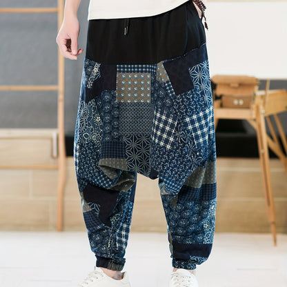 dunnmall  Men's Ankle Length Harem Pants Retro Ethnic Pattern Graphic Print Hip Hop Harem Pants Spring Summer Oversized Men Trousers Baggy Pants