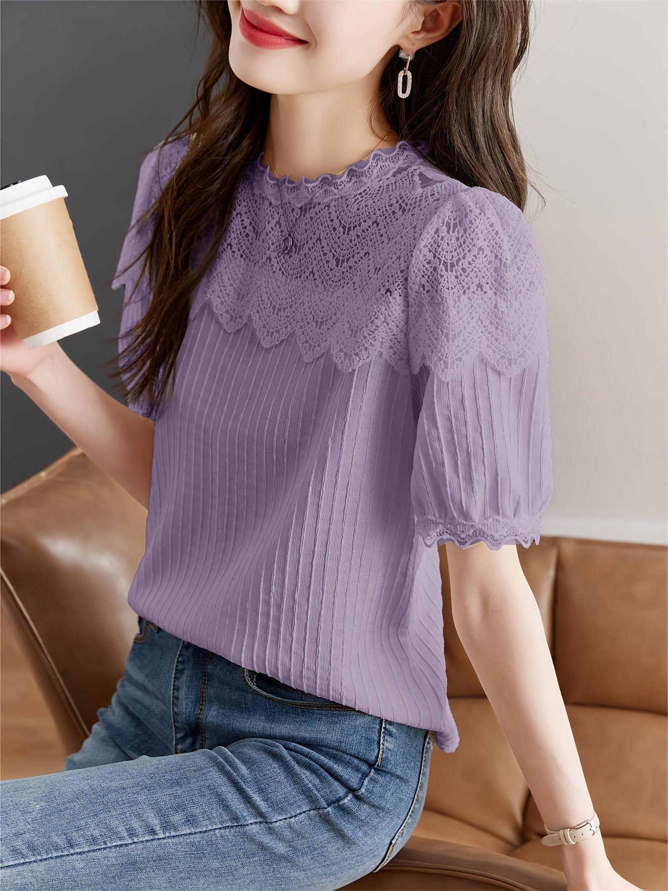 Charming Solid Lace Blouse with Stitching Detail - Soft Textured Short Sleeve Top for Spring & Summer Elegance - Womens Casual Fashion