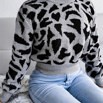 dunnmall  Leopard Print Crop Sweater, Casual Crew Neck Long Sleeve Sweater, Casual Tops For Fall & Winter, Women's Clothing