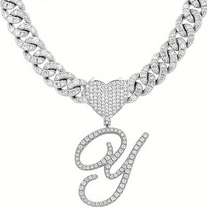 1 Piece Initial Necklace Men Women Silvery Cuban Chain Ice Rhinestone With Heart Shaped Letter Pendant Necklace Hip Hop Jewelry Gift