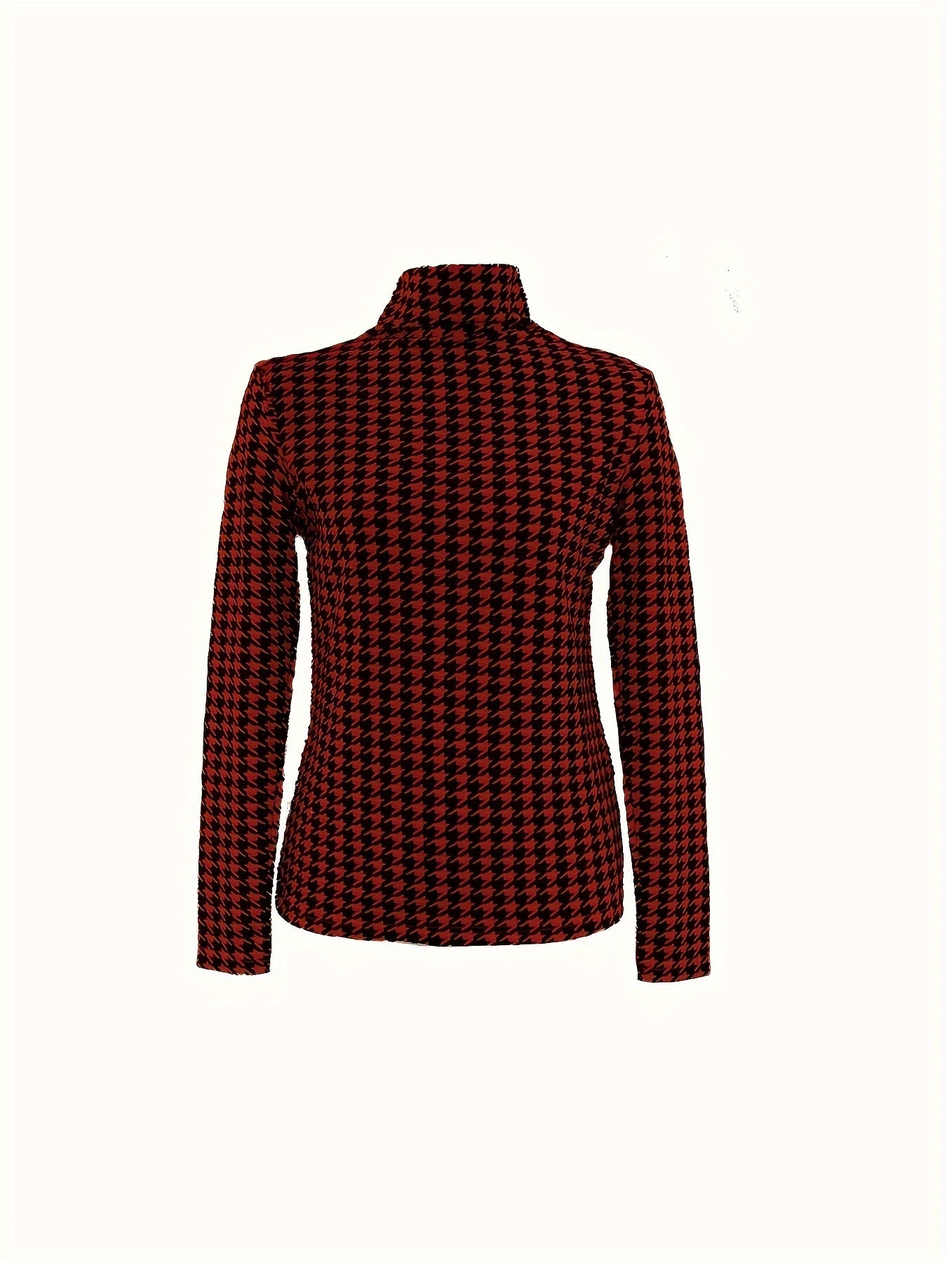 Houndstooth Print Turtleneck T-Shirt, Casual Long Sleeve Top For Spring & Fall, Women's Clothing