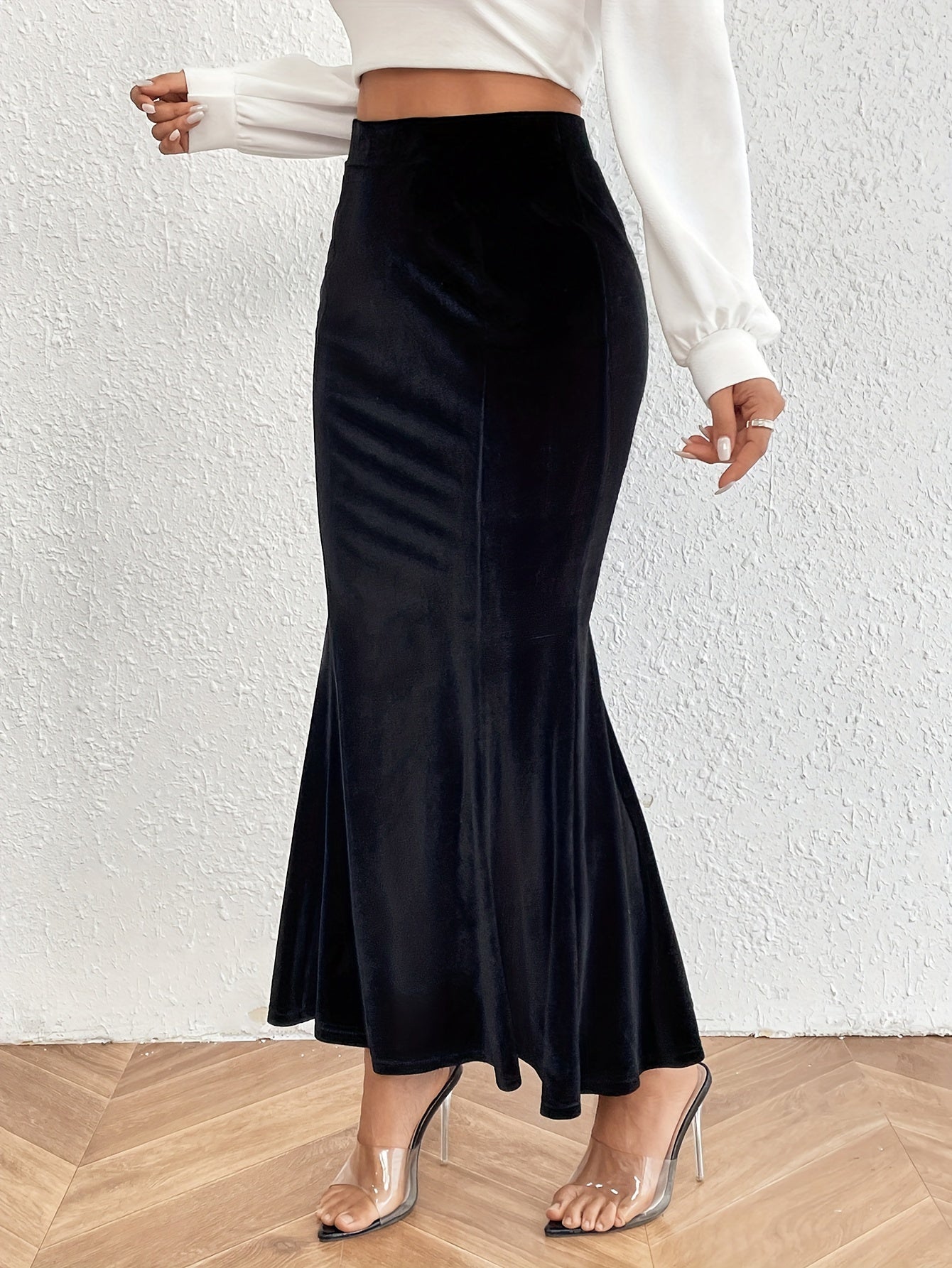 xieyinshe Solid Color Fishtail Hem Velvet Skirt, Elegant Bodycon Maxi Skirt For Fall & Winter, Women's Clothing