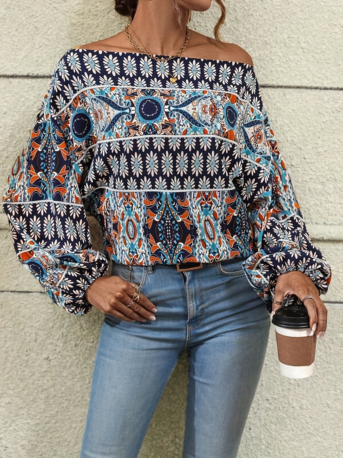 dunnmall  Ethnic Graphic Print Blouse, Casual Off Shoulder Long Sleeve Blouse, Women's Clothing