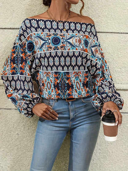 dunnmall  Ethnic Graphic Print Blouse, Casual Off Shoulder Long Sleeve Blouse, Women's Clothing