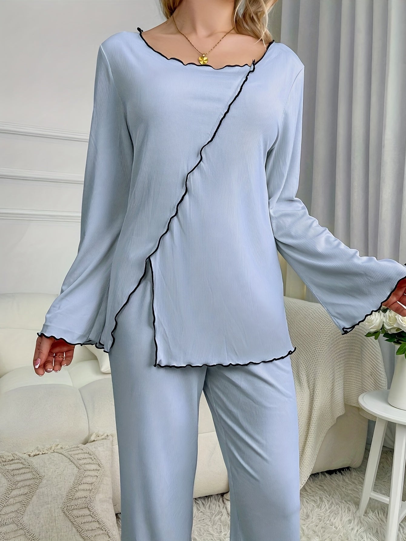 dunnmall  Lettuce Trim Lounge Set, Long Sleeve Side Split Top & Elastic Waistband Pants, Women's Loungewear & Sleepwear