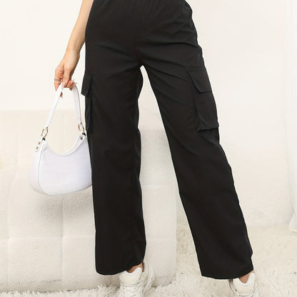 dunnmall  Solid Color Flap Pockets Straight Legs Trouser, High Waist Casual Wide Legs Cargo Pants, Women's Sweatpants