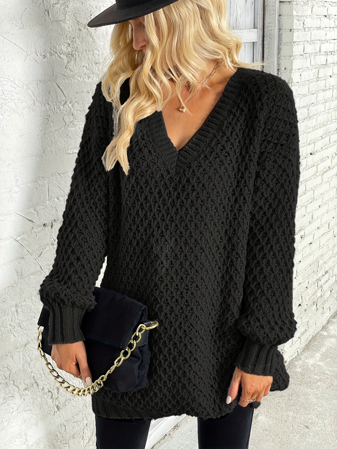 Solid Simple Knit Sweater, Casual V Neck Long Sleeve Solid Sweater, Women's Clothing